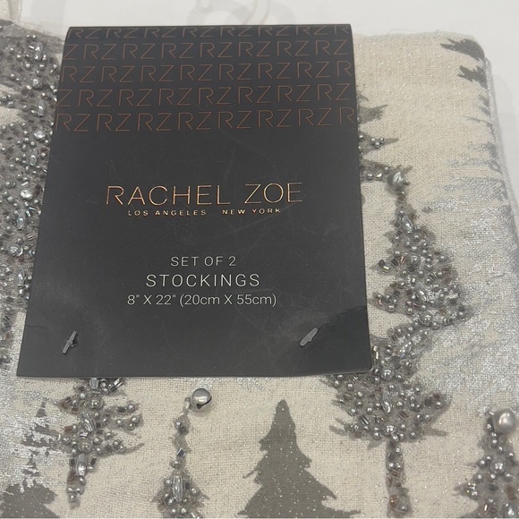 2 Rachel Zoe Beaded Silver Grey Christmas Tree Stockings 22” New Set of 2 - Picture 7 of 7